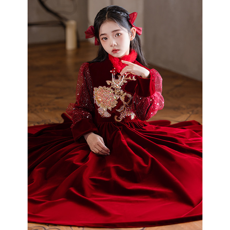 高端女童旗袍礼服裙秋冬红色丝绒厚款保暖长袖儿童公主过年拜年服,淘宝优惠券,粉丝福利购,淘宝优惠卷