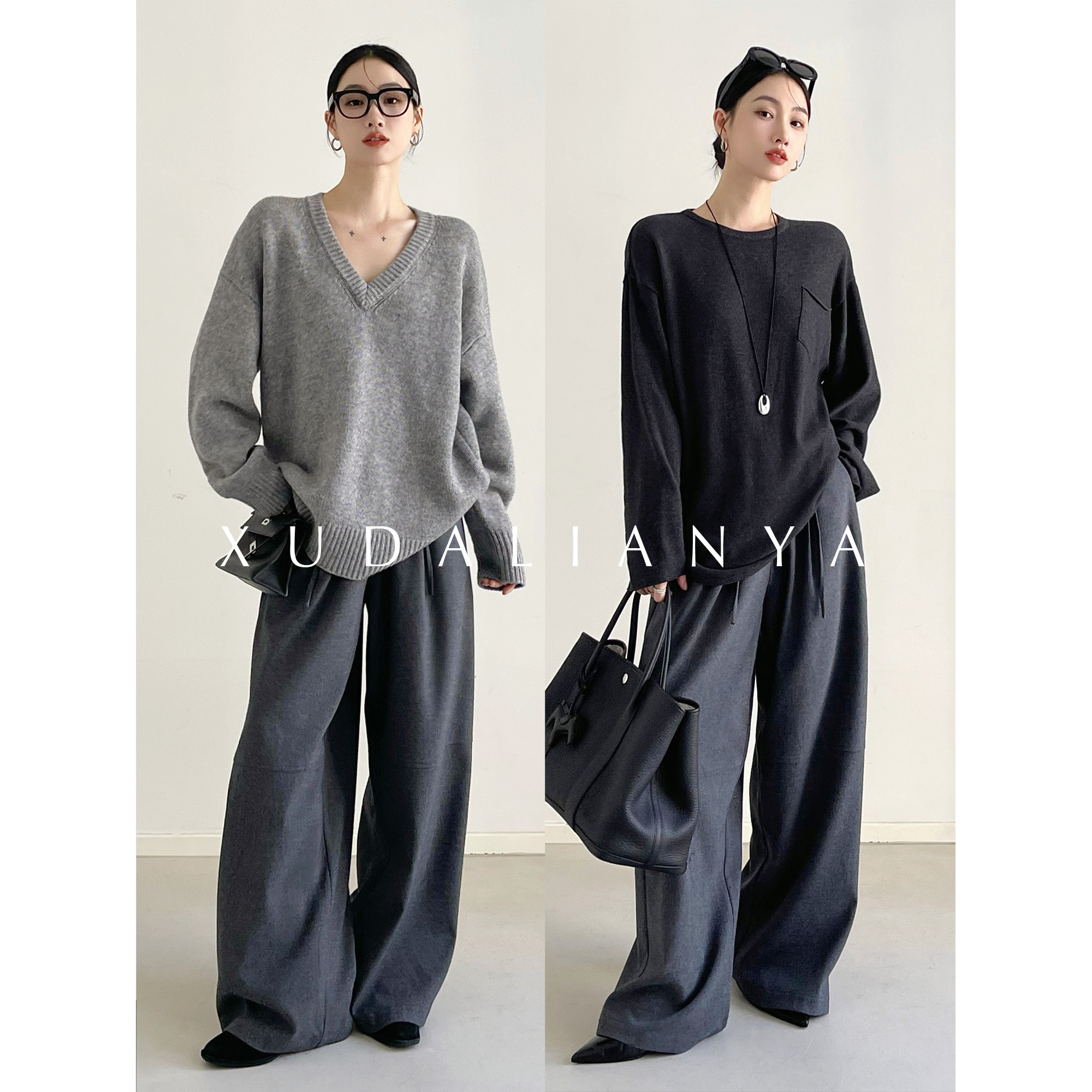 徐大脸吖定制 ROW风松弛感秋抗皱分割系带高腰阔腿裤直筒休闲裤女 - 图1