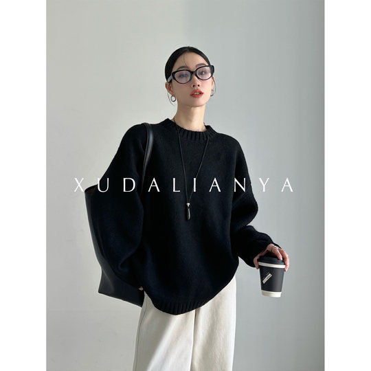徐大脸吖定制 高克重密实羊毛混纺针织衫秋冬宽松廓形圆领毛衣女