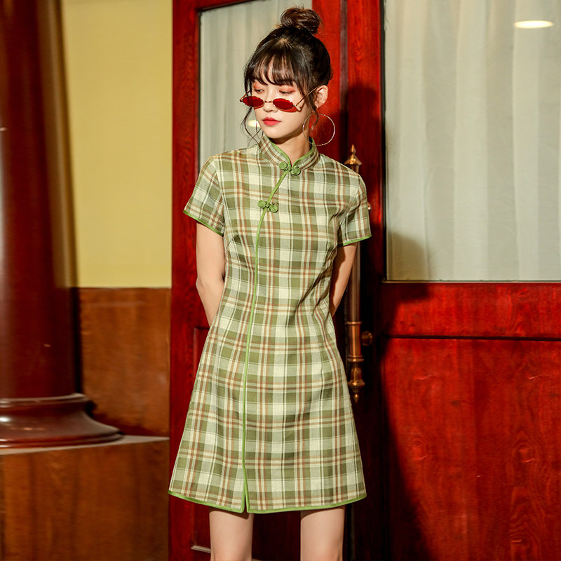 旗袍改良版格子少女裙夏短款连衣裙 浅默旗袍