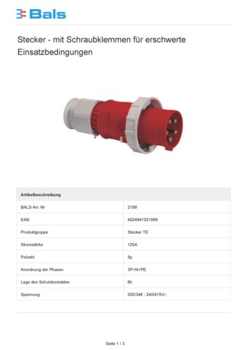 原装德国进口霸士BALS工业防水大电流125A5芯IP67插头型号Typ2199 - 图2