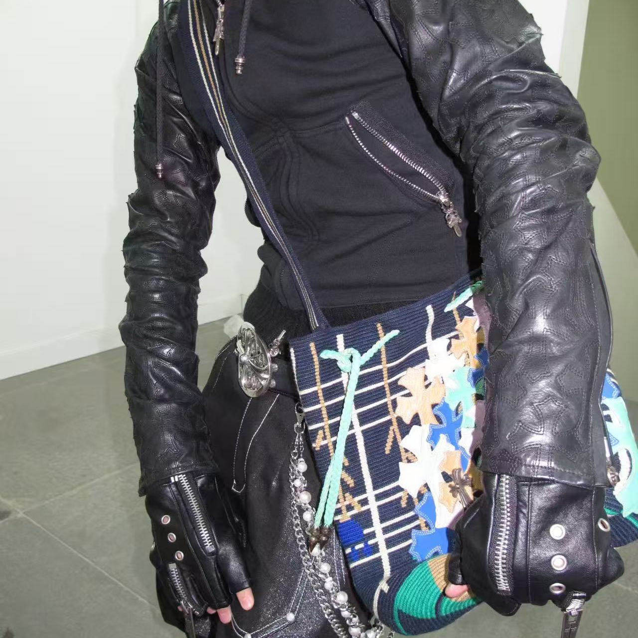 Chrome Hearts "Cemetery Cross" Leather Sleeve Zip-Up Hoodie