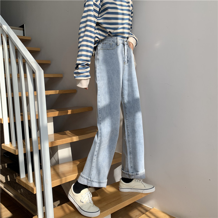 浅色女宽松高腰显瘦显高阔腿牛仔裤 韩宝露女装牛仔裤