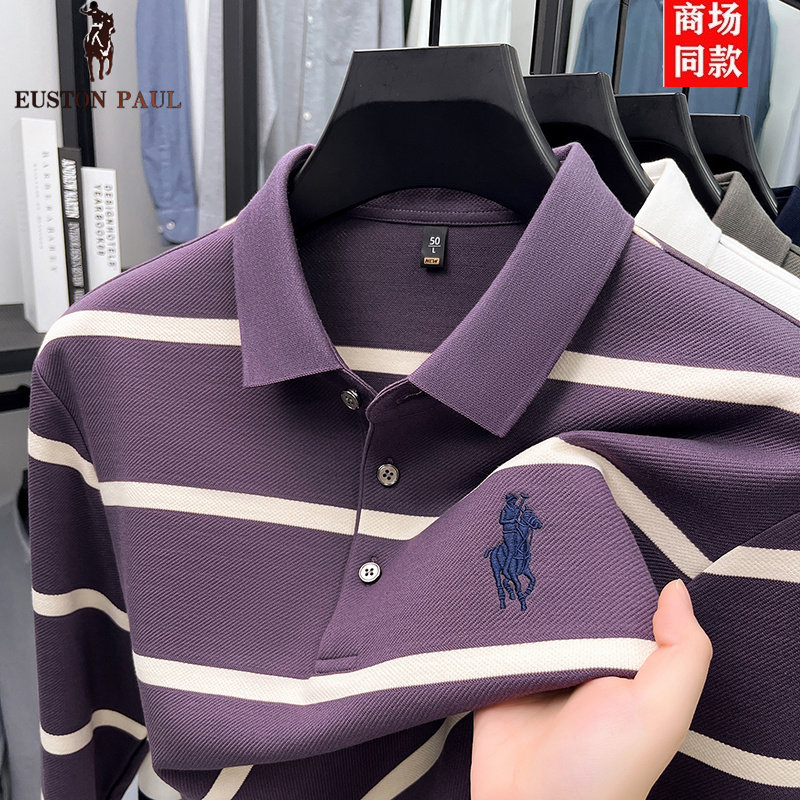 【奥莱品牌折扣】保罗男长袖T恤翻领春秋款条纹刺绣小马标POLO衫,淘宝优惠券,粉丝福利购,淘宝优惠卷