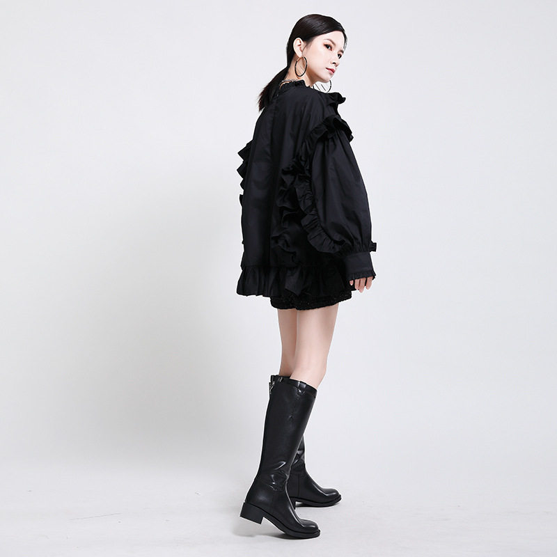 2021春季暗黑少女风木耳边灯笼袖上衣 宽松重工衬衫女设计感小众