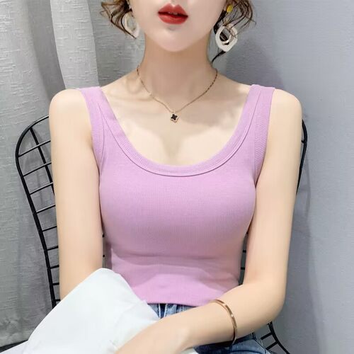 新款螺纹棉背心女外穿春季遮副乳内搭吊带无袖防走光打底上衣女夏 - 图0
