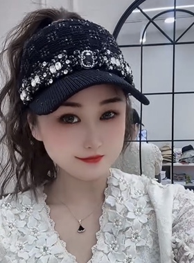 韩系新款百搭黑色空顶帽重工小蛮腰大钻款防晒显脸小鸭舌帽镂空款