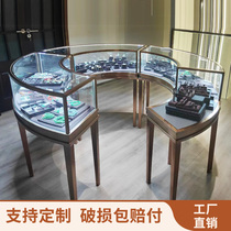 Round Jewelery Display Cabinet Gold Glass Counter Exhibition Cabinet Stainless Steel Arc Jewelry Store Products Display Case