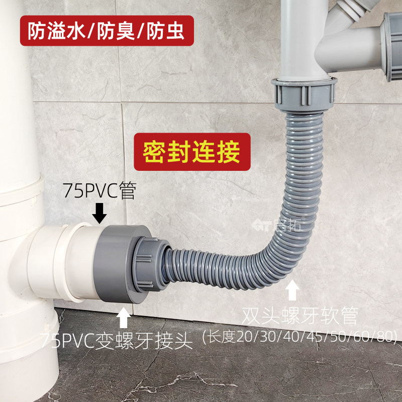厨房洗菜盆下水双头排水软管 75PVC管密封连接水槽防臭防虫防溢水,淘宝优惠券,粉丝福利购,淘宝优惠卷