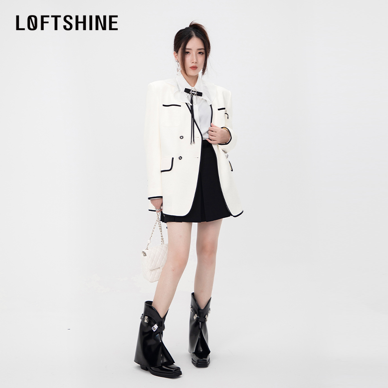 LOFTSHINE珞炫学院风外套女2024春季小香风西装洋气减龄开衫上衣-图0