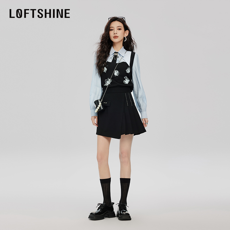 LOFTSHINE珞炫法式拼接上衣女2024春季新款洋气假两件气质衬衫-图1