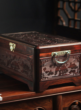 大红酸枝红木首饰盒大号实木珠宝饰品收纳盒大容量木质彩礼箱带锁