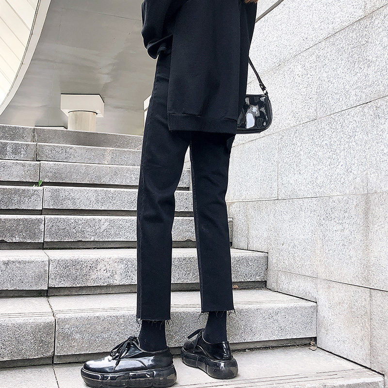 铅笔奇奇旗舰店黑色八分牛仔裤女宽松直筒春装年新款潮ins高腰显瘦百搭九分1