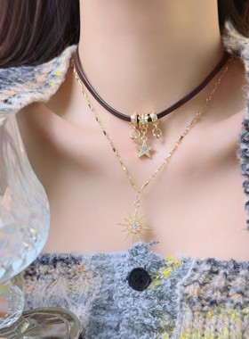 波西米亚叠戴项链星星choker颈链复古辣妹冬日美拉德棕色皮绳项圈