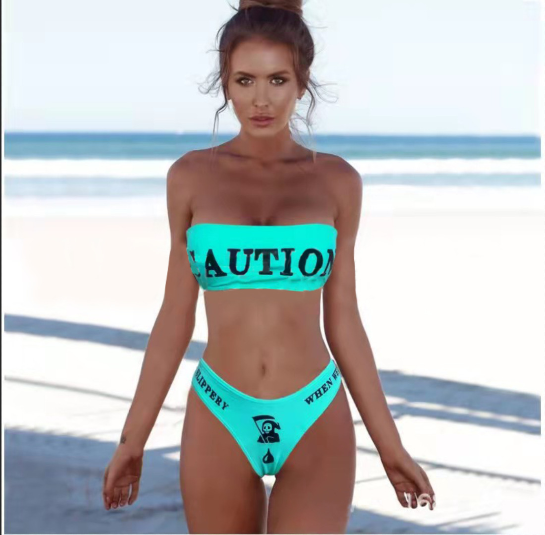 Women Funny Letters Print 2Pcs Bikini Suits Deep V-neck Deta