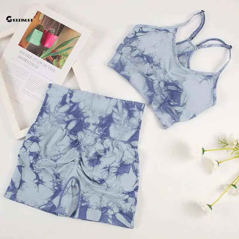 Tie Dye Yoga Set Women Seamless Sports Suit Cycling Shorts w - 图2