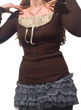 Y2k Women's Long Sleeve Knitted Tops Lace Stitching Neckline