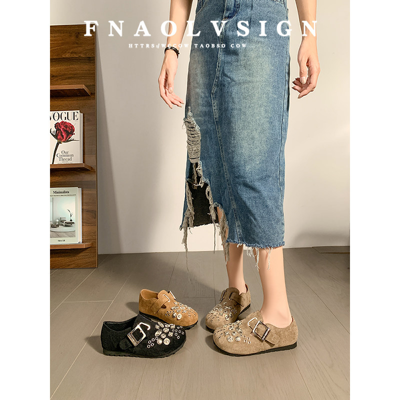 牛皮版~水钻包头勃肯鞋女2025年新款复古圆头懒人外穿平底单鞋女,淘宝优惠券,粉丝福利购,淘宝优惠卷