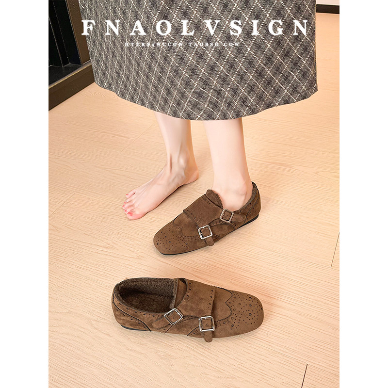 牛皮版~英伦风复古加绒乐福鞋女2025新款秋冬布洛克雕花小皮鞋女,淘宝优惠券,粉丝福利购,淘宝优惠卷