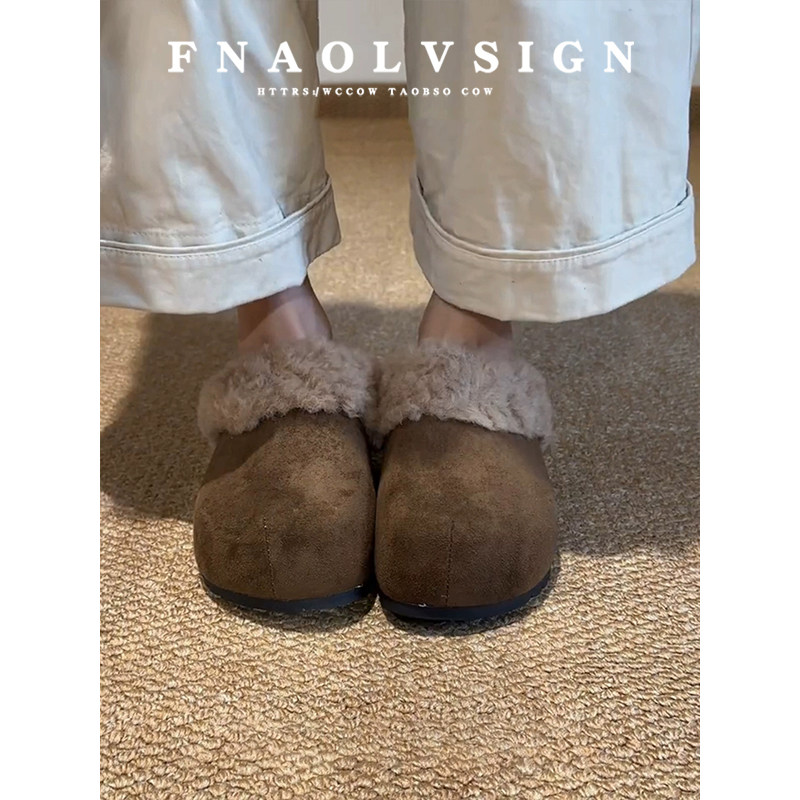 羊皮版~复古勃肯鞋冬季百搭加绒保暖棉拖鞋厚底毛绒包头半拖鞋女,淘宝优惠券,粉丝福利购,淘宝优惠卷