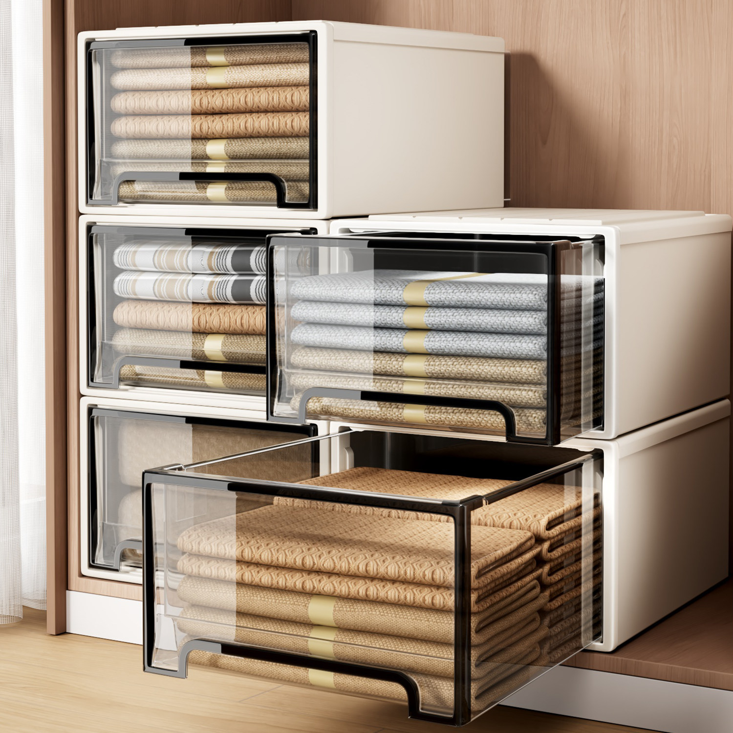 日本衣柜收纳盒整理盒收纳箱抽屉式家用透明衣物储物柜衣服整理箱