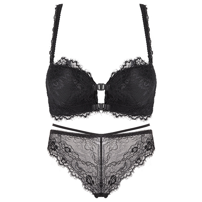 夏季小胸聚拢无钢圈黑色性感内衣 多情猫文胸套装