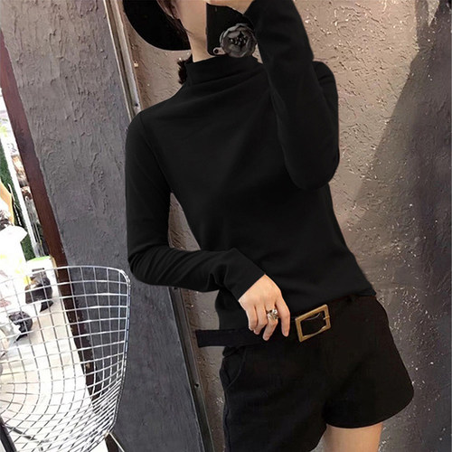 半高领打底衫女长袖T恤2023秋冬百搭薄款内搭高弹修身纯色t上衣 - 图0