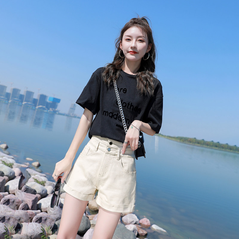 杏色牛仔女高腰2022年新款夏热短裤 蓝瑟牛仔裤