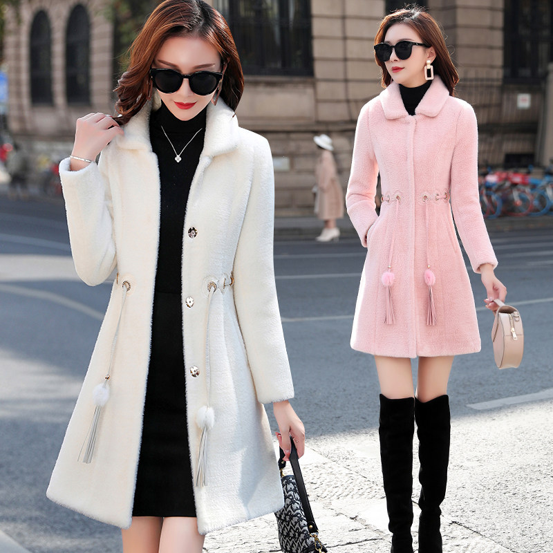 黄金水貂绒毛中长款2020新款呢大衣 羽诗蝶毛呢外套