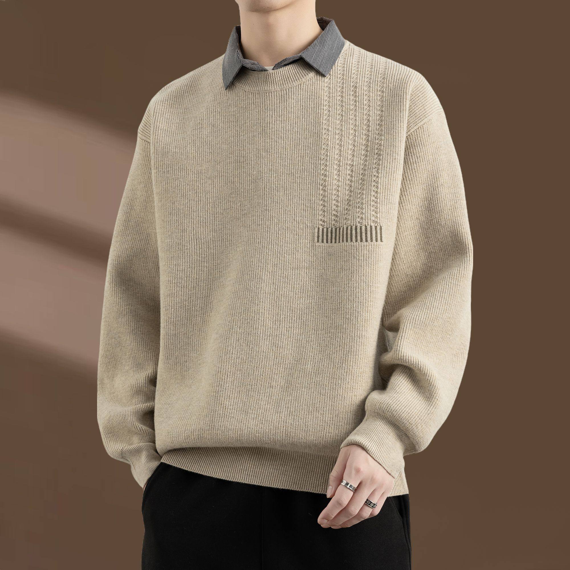 侨迪蒙拉高级感秋冬季加绒加厚假两件男毛衣内搭衬衫领针织衫保暖,淘宝优惠券,粉丝福利购,淘宝优惠卷