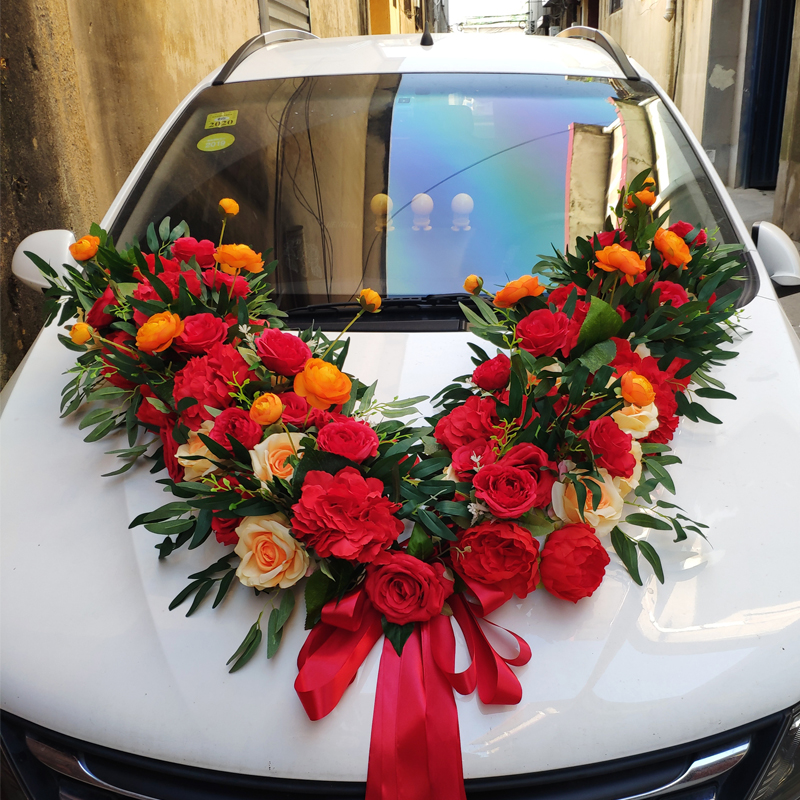 红色大v款森系主婚车装饰用品套装车头花结婚庆头车拉花创意布置