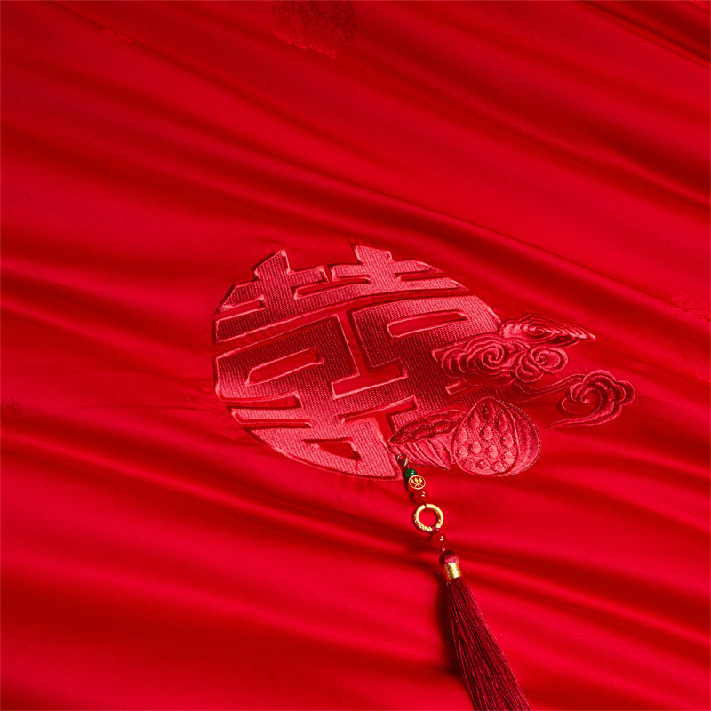 水晶家纺100支长绒棉婚庆四件套全棉大红色纯棉刺绣结婚中式床品4