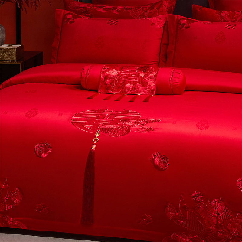 水晶家纺100支长绒棉婚庆四件套全棉大红色纯棉刺绣结婚中式床品4