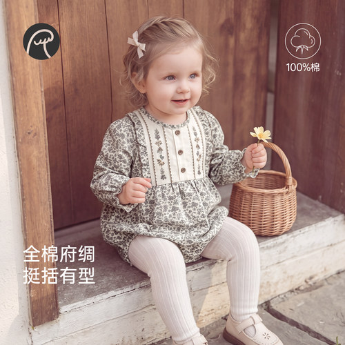 乖奇熊婴幼儿纯棉连体包屁衣春秋季女宝宝碎花三角哈衣服甜美外出 - 图0