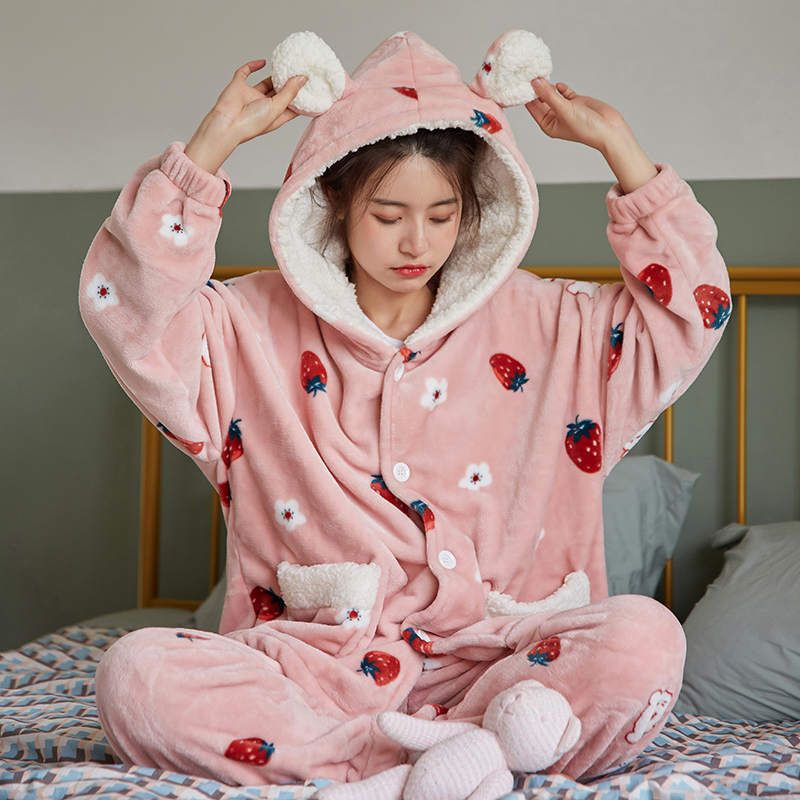 棉籽壳旗舰店情侣珊瑚绒睡衣女春秋冬季加厚保暖法兰绒家居服男可爱兔耳套装0