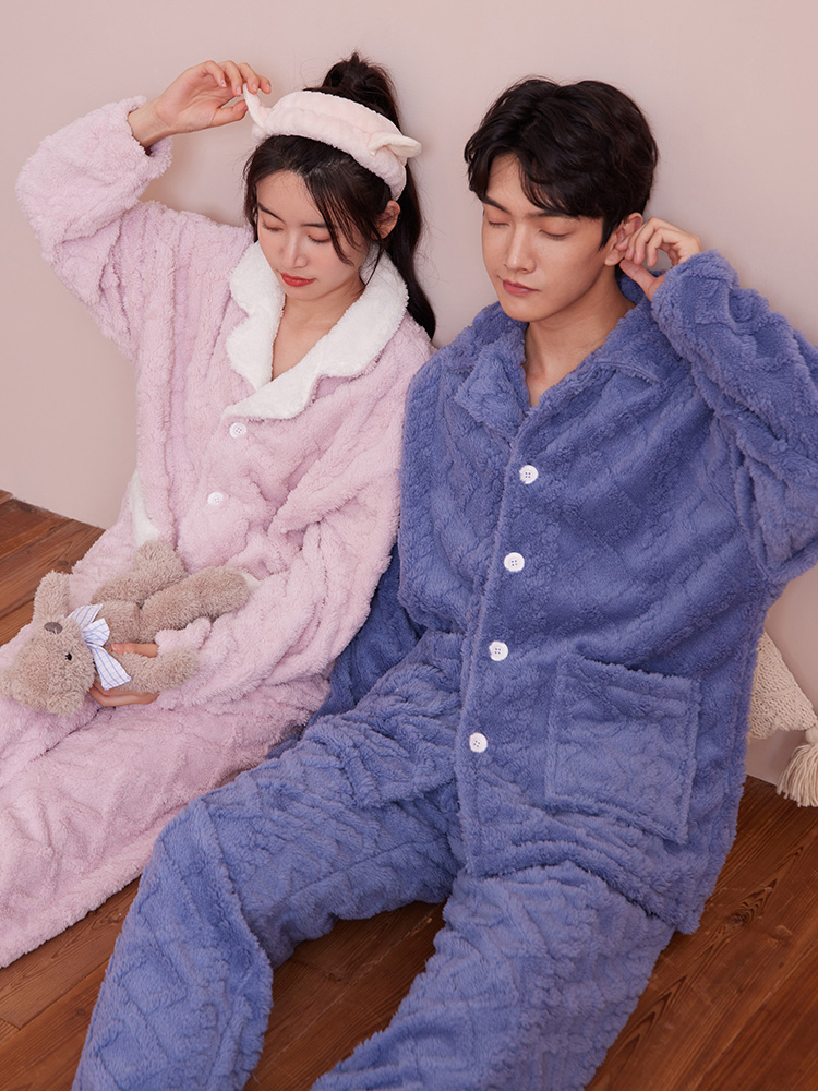 棉籽壳旗舰店年冬季新款情侣睡衣加绒保暖男士女士纯色简约家居服套装0