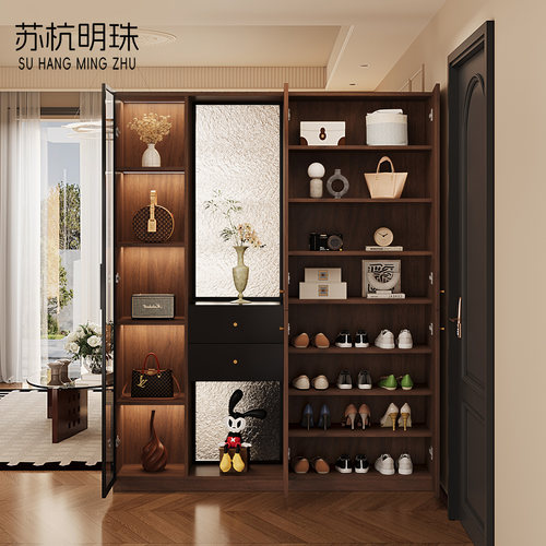 玄关柜入户正对门客厅双面屏风隔断中古风家具进门鞋柜衣帽架一体 - 图1