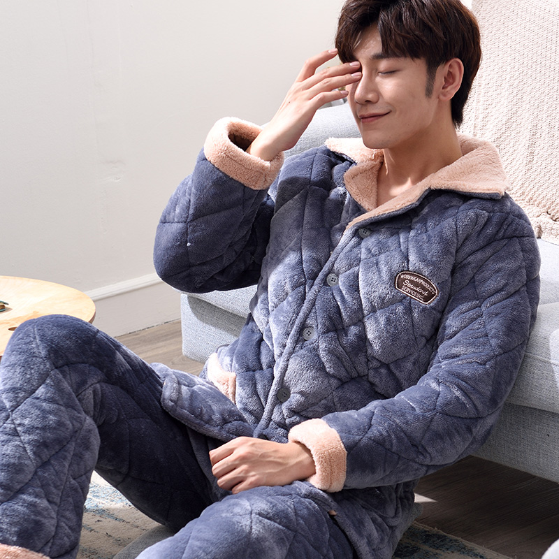 冬季加绒三层夹棉珊瑚绒男士睡衣 柏歌妃睡衣/家居服套装