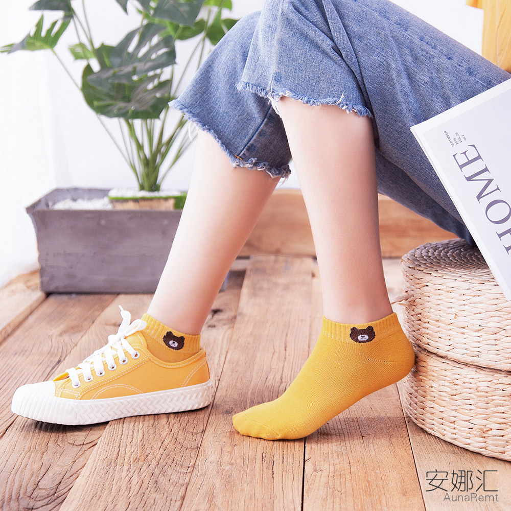 安娜汇旗舰店安娜汇袜子女小熊短袜浅口可爱中筒日系春天船袜ins潮袜韩版棉袜3