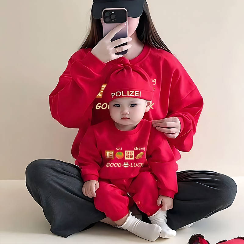 亲子装秋冬加绒卫衣一家三口全家装宝宝连体衣好事发生新年全家福