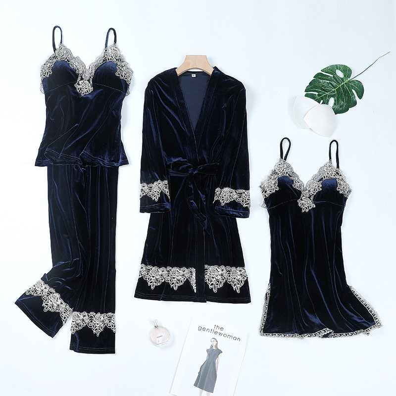 金丝绒性感春秋季吊带蕾丝长裤睡裙 语瞳睡衣/家居服套装