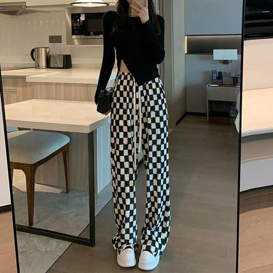 Checkerboard pattern wide-leg pants for women, high-waisted spring and autumn new style slim casual pants, fashionable straight floor-length pants
