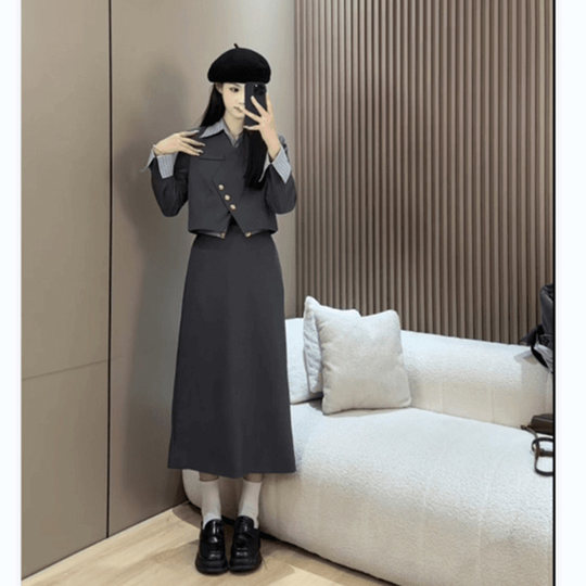 Korean atmosphere outfit, fake two-piece jacket, hip-covering skirt, fashionable two-piece suit for small people