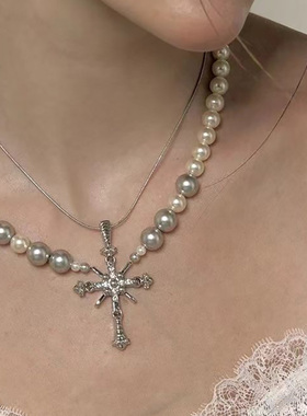 小众双链条珍珠十字架项链拼接叠戴蛇骨链轻奢高级配饰锁骨链饰品