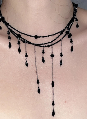 串珠多层流苏项链暗黑设计手工复古锁骨链女款气质小众新款吊坠链