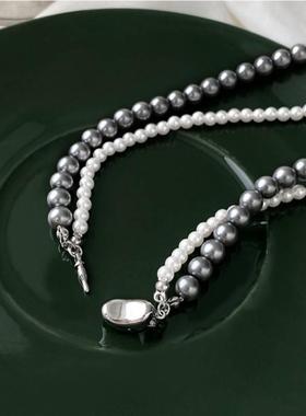 灰白双色双层叠戴珍珠项链女轻奢气质毛衣链秋冬款锁骨链配饰百搭