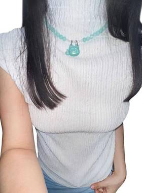 淡绿玉石磨砂珠拼接 猫猫特工 叛逆朋克项炼