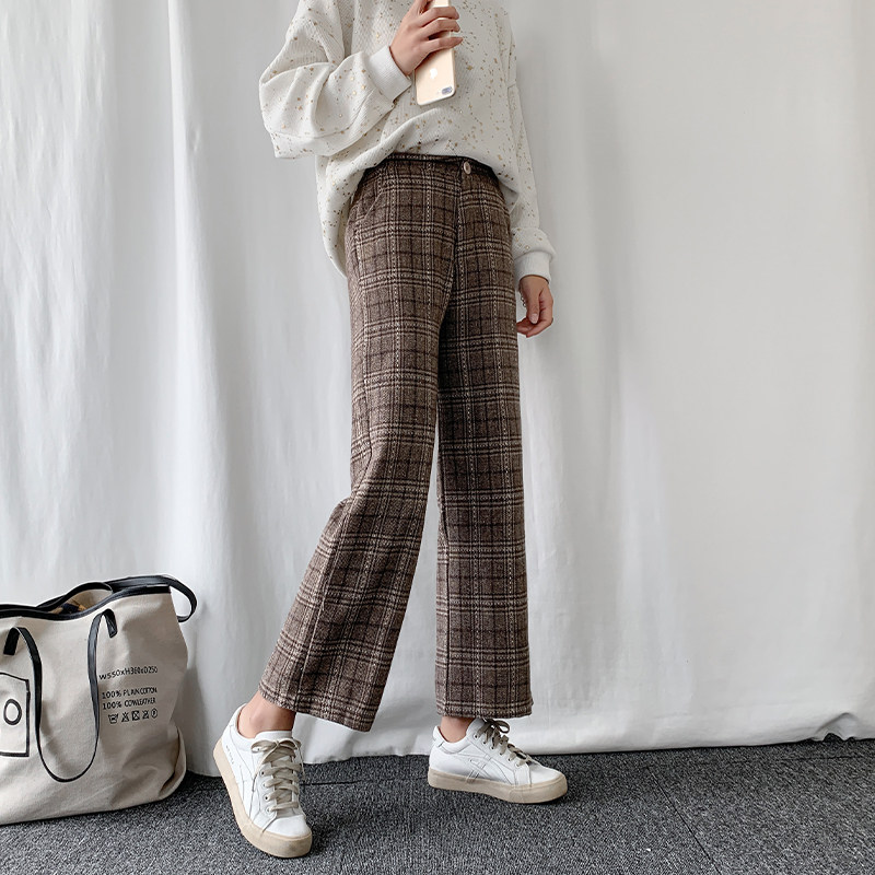 秋季2020新款高腰垂感宽松格子裤 伊索芙休闲裤