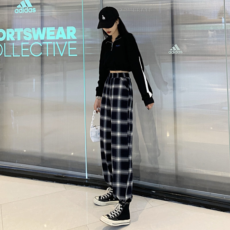 黑白格子裤宽松直筒束脚2020运动裤 伊索芙休闲裤