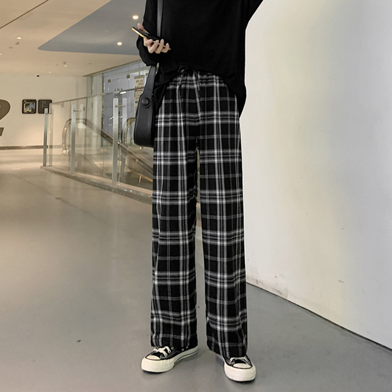 黑白格子裤直筒2020秋季新款休闲裤 伊索芙休闲裤